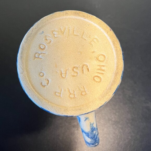 Vtg Roseville, Ohio Pottery R.R.P. Co USA Blue Spongeware Heavy Earthenware Mug - Picture 12 of 13